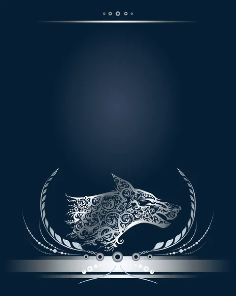 Banner de plata vintage o tarjeta de felicitación con perfil de cabeza de lobo estilizado . — Vector de stock