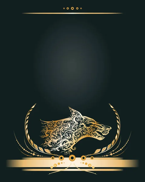 Banner dourado vintage ou cartão de saudação com perfil de cabeça de lobo estilizado . — Vetor de Stock
