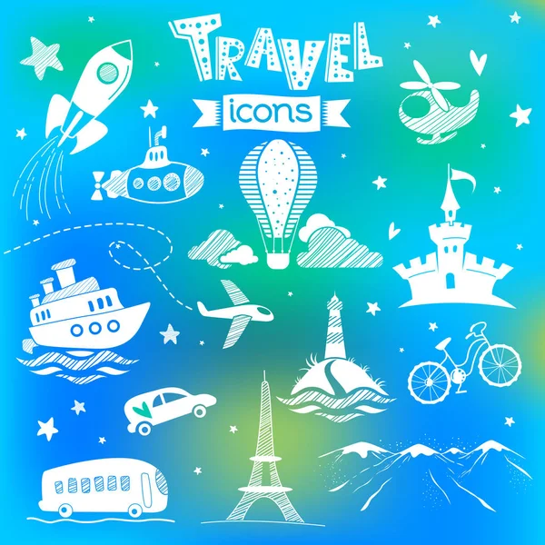 Conjunto Ícones Viagem Doodle Turismo Design Transporte Ilustração Vetorial Fundo —  Vetores de Stock