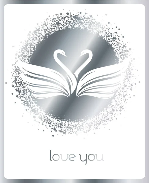 Greeting Card Two White Swan Silhouettes Silver Shining Valentine Day — Stock Vector