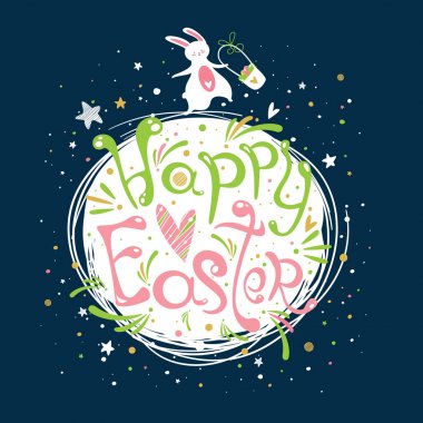 Mutlu Paskalya afiş veya vektör şirin elle çizilmiş metin ve Bunny ile yazdırın. İlham verici poster. Bahar moda arka plan. Mevsimlik tebrik kartı
