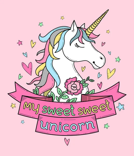 Şirin poster, etiket, kartpostal veya giyim tek boynuzlu at, çiçekler, kalpleri ile yazdırma ve pembe mor zemin üzerine. Yazı ' benim tatlı tatlı tek boynuzlu at 