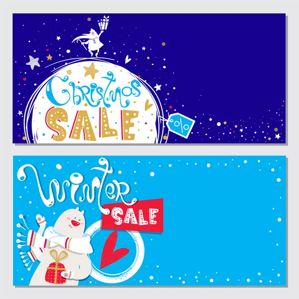 Christmas Sale Banner Invitation Print Set Santa Claus Polar Bear — Stock Vector