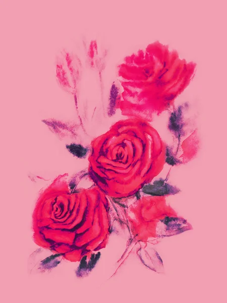 Kırmızı güller - pembe arka plan boyama suluboya — Stok fotoğraf