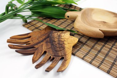 Oriental wooden tableware. Kitchen accessories clipart
