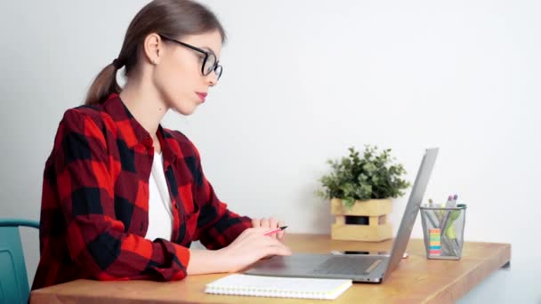 Young White Female Student Working Hard Using Laptop Preparing Some — Stock Video