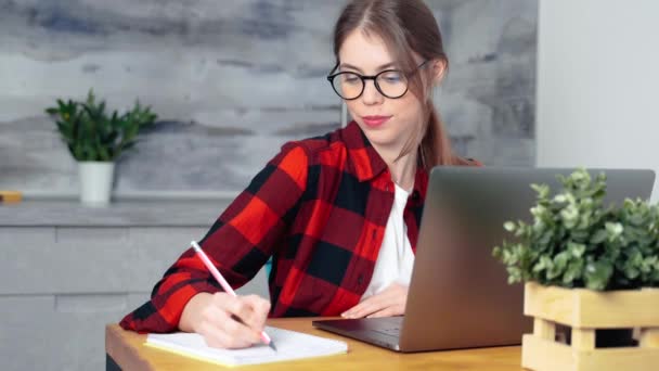 Young White Female Student Working Hard Using Laptop Preparing Some — Stock Video