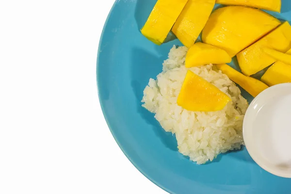 Mango Arroz pegajoso en el plato, postre tailandés —  Fotos de Stock
