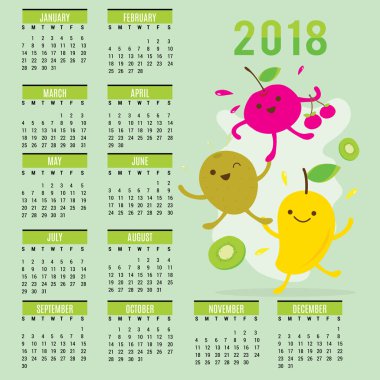 Planlayıcısı takvim 2018 meyve sevimli çizgi Mango kiraz kivi vektör