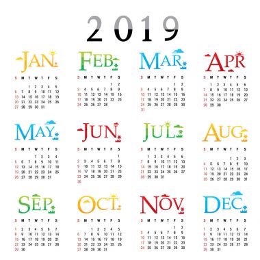 Takvim planlayıcısı mutlu yeni yıl 2019 tebrik kartı metin tipografi tasarlamak vektör