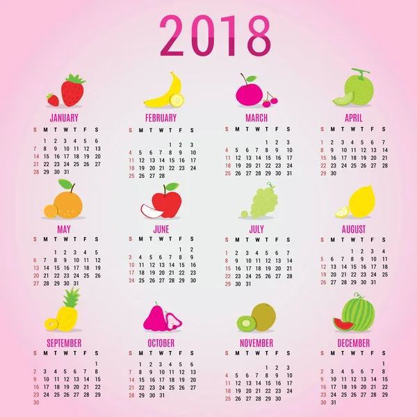 Planner kalendarz nowy rok 2018 owoców kreskówka wektor — Wektor stockowy
