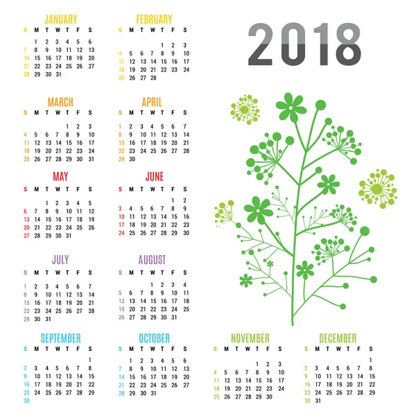 Planner kalendarz nowy rok 2018 kwiat wektor — Wektor stockowy
