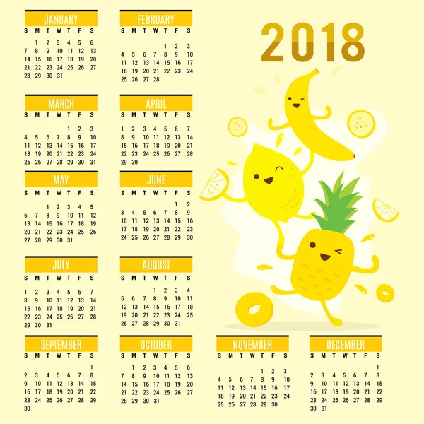 Planner kalendarz 2018 owoców kreskówka Banana ananas cytryna wektor — Wektor stockowy