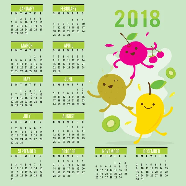 Planner kalendarz 2018 owoce słodkie kreskówka wektor wiśnia Kiwi Mango — Wektor stockowy