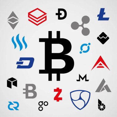 Cryptocurrency Logo iş para Bitcoin para Litecoin Ethereum Monero Ripple Zcash Dash Stratis vektör