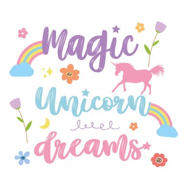 Tek boynuzlu at tatlı rüya fantezi çizgi film karakteri vektör çizim at 