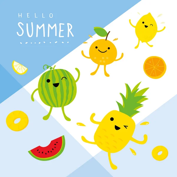 Verano Fruta Fresca Piña Sandía Limón Naranja Caricatura Sonrisa Divertido — Vector de stock