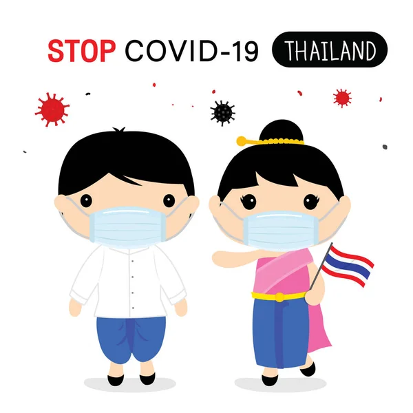 Thailänder Sollen Nationalkleidung Und Maske Tragen Covid Schützen Und Stoppen — Stockvektor