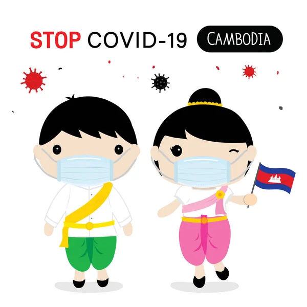 Camboya People Wear National Dress Mask Protect Stop Covid Inglés — Vector de stock