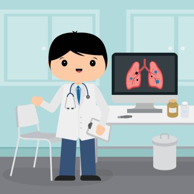 Hastanedeki odada çalışan genç doktor. Vektör illüstrasyon çizgi film karakter tasarımında tıbbi konsept.