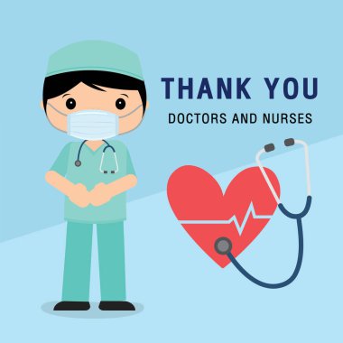Doktor çizgi film karakteri. Hastanede çalışan doktor ve hemşirelere ve Coronavirüs, Covid-19 Wuhan virüs taşıyıcı illüstrasyonuna teşekkür ederiz..
