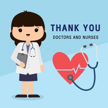 Doktor çizgi film karakteri. Hastanede çalışan doktor ve hemşirelere ve Coronavirüs, Covid-19 Wuhan virüs taşıyıcı illüstrasyonuna teşekkür ederiz..