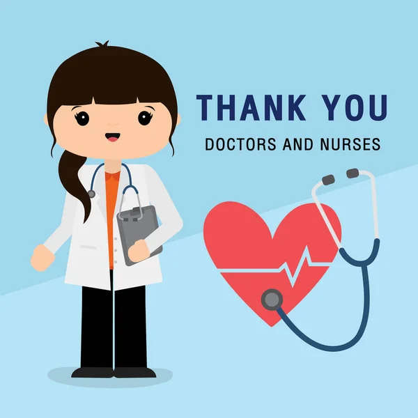 Docteur Personnage Dessin Animé Merci Aux Médecins Infirmières Qui Travaillent — Image vectorielle