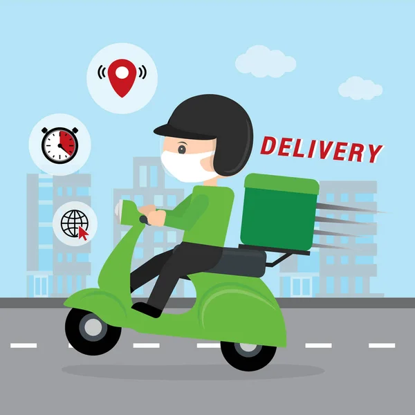 Online Delivery Service Concept Tecknad Vektor Illustration Man Som Kör — Stock vektor