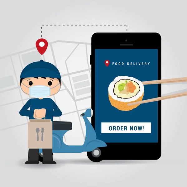 Online Delivery Service Concept Tecknad Vektor Illustration Man Som Kör — Stock vektor