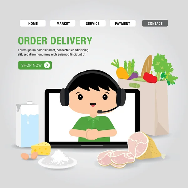 Online Delivery Service Concept Tecknad Vektor Illustration Dator Laptop Öppen — Stock vektor