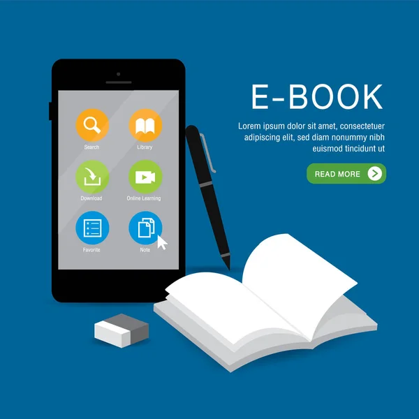 Book Online Education Application Learning Phone Mobile Website 백지를 배경으로 — 스톡 벡터