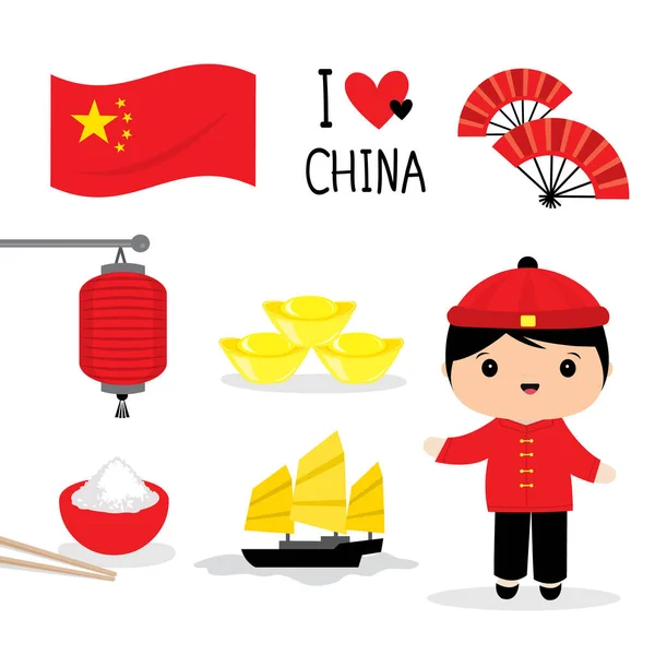 Set China Cultura Tradicional Icono Plano Comida Lugar Viajes Objetos — Vector de stock