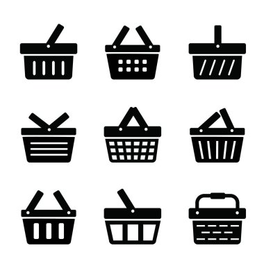 Alışveriş sepeti düz simgesi seti. Vektör illüstrasyonu