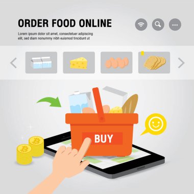 Çevrimiçi Gıda Teslimat Servisi Çizgi film Vektörü illüstrasyonu. Çevrimiçi gıda siparişi bilgileri için mobil ya da akıllı telefon uygulaması. COVID-19. Şehirde karantina.