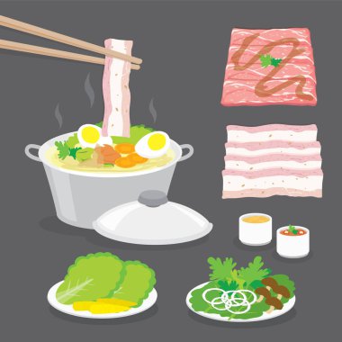 Geleneksel Japon yemekleri, güveç, shabu-shabu, sebzeli sukiyaki, domuz pastırması, et slaytı ve sos. Çizgi film Vektör illüstrasyonu 
