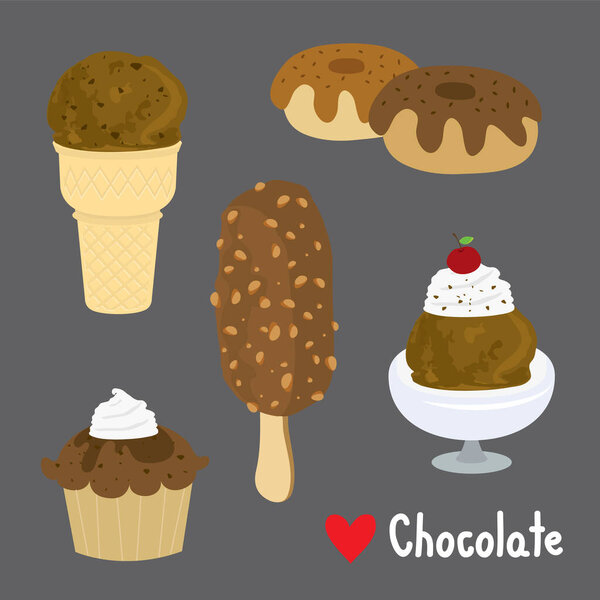 Set of Sweet chocolate and Desserts made of chocolate. ice cream and bakery. Cartoon Vector illustration 