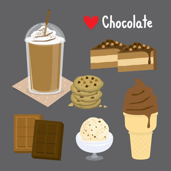 Sada Sladké Čokolády Zákusků Čokolády Zmrzlina Pekárna Cartoon Vector Illustration — Stockový vektor