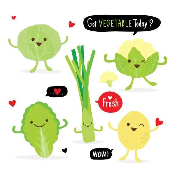 一套蔬菜绿色卡通人物 卷心菜 花椰菜 土豆和水蜜桃 矢量说明 — 图库矢量图片