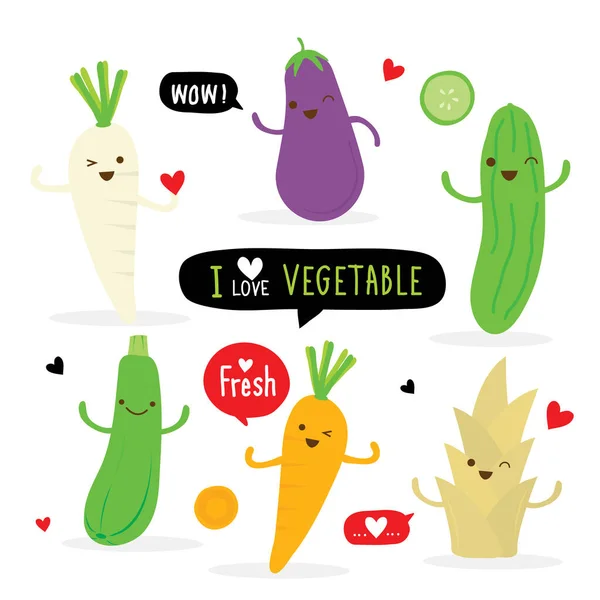 Set Karakter Kartun Sayuran Wortel Lobak Terong Mentimun Zucchini Dan - Stok Vektor