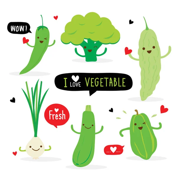 Set Karakter Kartun Warna Hijau Sayuran Cabai Brokoli Labu Pahit - Stok Vektor