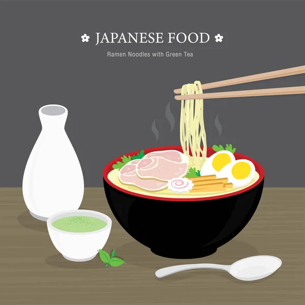 Set Makanan Tradisional Jepang Mie Ramen Dengan Tea Hijau Ilustrasi - Stok Vektor