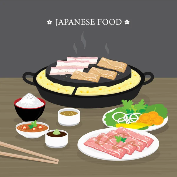 Σετ Παραδοσιακών Ιαπωνικών Τροφίμων Yakiniku Έκδοση Του Κορεατικού Μπάρμπεκιου Ωμό — Διανυσματικό Αρχείο