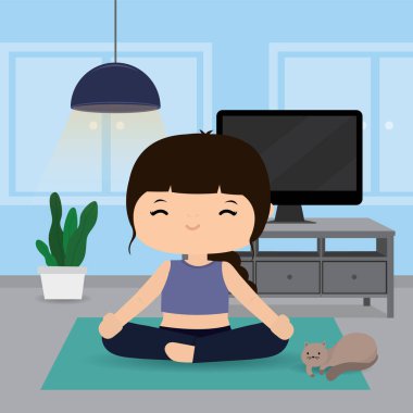 Karantina, ev konseptinde kal. Evden çalışmak, kadın spor salonunda yoga ve egzersiz yapmak. Karakter Çizgi film Vektörü illüstrasyonu