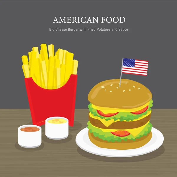 Conjunto Comida Tradicional Americana Big Cheese Burger Com Batatas Fritas — Vetor de Stock