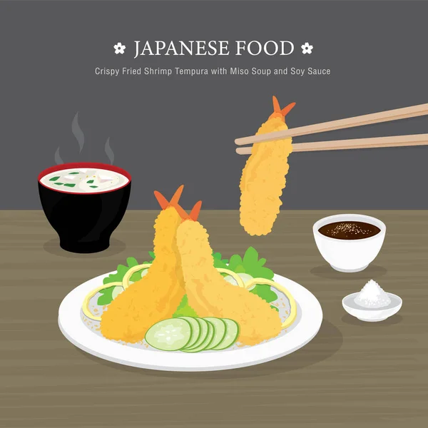 Set Traditional Japanese Food Crispy Fried Shrimp Tempura Miso Soup — Stock Vector