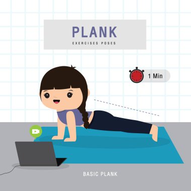 Plank Egzersizi. Planking egzersizi yapan ve evde yoga eğitimi alan bir kadın, ev konseptinde kalır. Karakter Çizgi film Vektörü illüstrasyonu