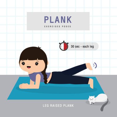 Plank Egzersizi. Planking egzersizi yapan ve evde yoga eğitimi alan bir kadın, ev konseptinde kalır. Karakter Çizgi film Vektörü illüstrasyonu
