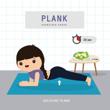 Plank Egzersizi. Planking egzersizi yapan ve evde yoga eğitimi alan bir kadın, ev konseptinde kalır. Karakter Çizgi film Vektörü illüstrasyonu