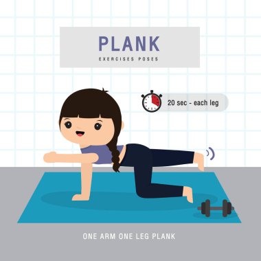 Plank Egzersizi. Planking egzersizi yapan ve evde yoga eğitimi alan bir kadın, ev konseptinde kalır. Karakter Çizgi film Vektörü illüstrasyonu