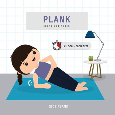 Plank Egzersizi. Planking egzersizi yapan ve evde yoga eğitimi alan bir kadın, ev konseptinde kalır. Karakter Çizgi film Vektörü illüstrasyonu
